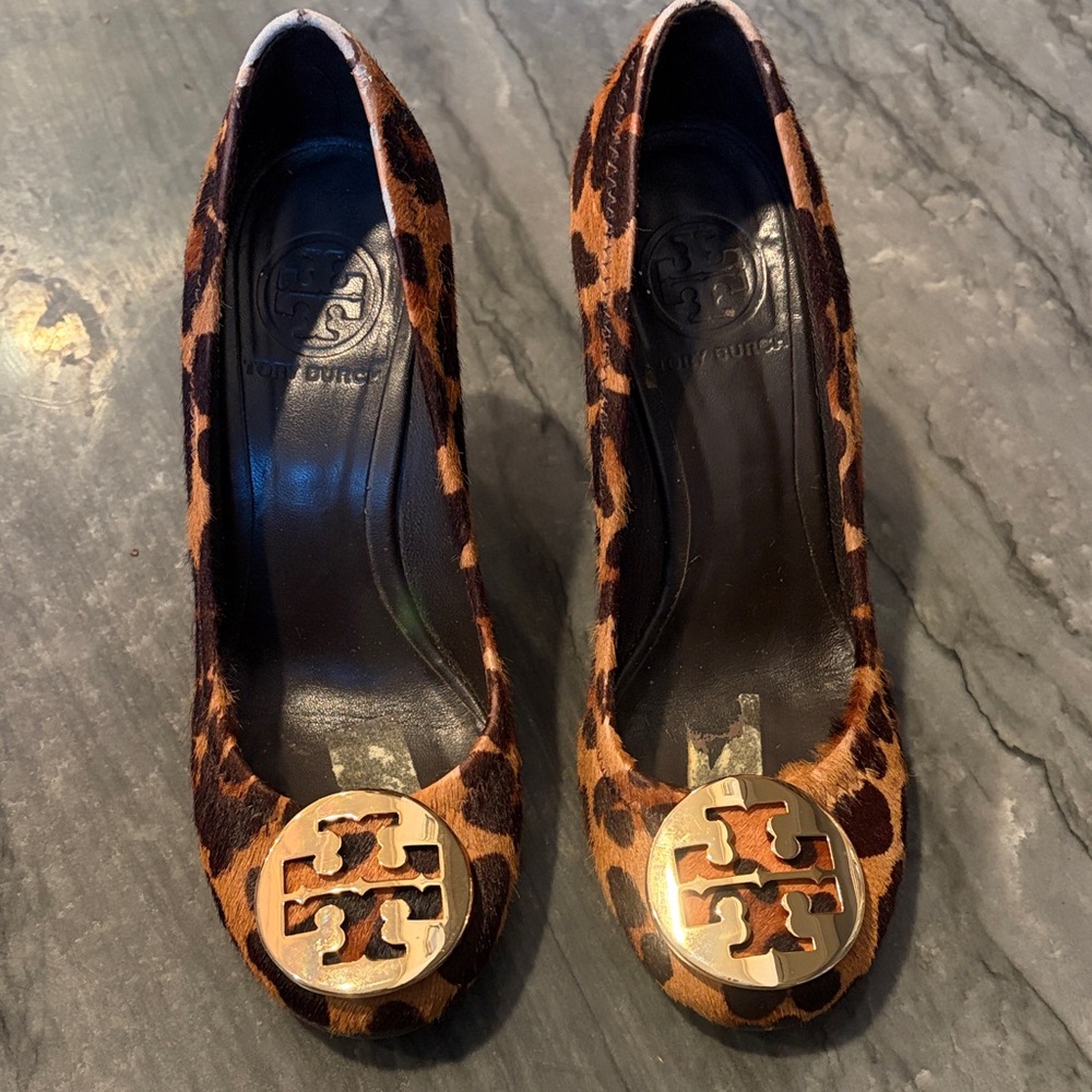 Tory Burch Leopard Print Heels with Gold Accents